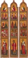 Drie panelen van een reis-iconostase met hoogfeesten en heiligen