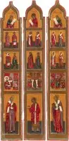 Trois panneaux d'une iconostase de voyage avec grandes fêtes et saints