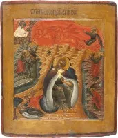 FEINE IKONE MIT DEM PROPHETEN ELIAS, SEINEM LEBEN IN DER WÜSTE UND SEINER FEURIGEN HIMMELFAHRT
