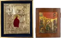 Icône avec le prophète Élie et son ascension en char de feu, avec oklad