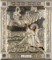 DATIERTE UND SIGNIERTE IKONE MIT DER FEURIGEN HIMMELFAHRT DES PROPHETEN ELIAS MIT VERMEIL-CLOISONNÉ-EMAIL-OKLAD