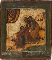 Zeer zeldzame en zeer fijne icoon met de verschijning van de apostelen Petrus en Paulus voor de heilige Petrus, prins van de Horde