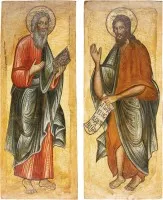 ZWEI MONUMENTALE IKONEN AUS EINER KIRCHEN-IKONOSTASE: EVANGELIST MATTHÄUS UND JOHANNES DER VORLÄUFER