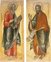Twee monumentale iconen uit een kerkelijke iconostase: evangelist Matteüs en Johannes de Voorloper