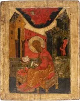 SEHR FEINE IKONE MIT DEM EVANGELISTEN MATTHÄUS AUS DER KÖNIGSTÜR EINER KIRCHEN-IKONOSTASE