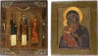 ZWEI IKONEN: DIE HEILIGEN SAMON, GURIJ UND AVIV UND DIE GOTTESMUTTER VON WLADIMIR (WLADIMIRSKAJA)