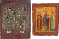 Two icons: Saints Samon, Gurij and Aviv and a staurotheke with two house crosses