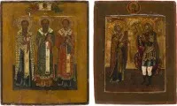 Deux icônes : trois hiérarques de l'Église orthodoxe et les saints Tikhon de Zadonsk et Théodore Stratélate