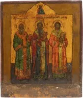 Icoon met de drie hiërarchen Basilius de Grote, Gregorius de Theoloog en Johannes Chrysostomus