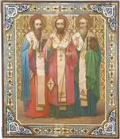 Grootformaat icoon met de drie kerkvaders Gregorius de Theoloog, Johannes Chrysostomus en Basilius de Grote