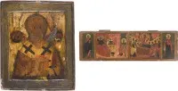 IKONE MIT DEM HEILIGEN NIKOLAUS VON MYRA UND IKONEN-FRAGMENT MIT DER GEBURT UND ENTSCHLAFEN DER GOTTESMUTTER