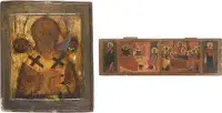 Icoon met de heilige Nicolaas van Myra en icoonfragment met de Geboorte en Ontslaping van de Moeder Gods