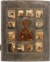 GROSSE VITA-IKONE MIT DEM HEILIGEN NIKOLAUS VON MYRA MIT BASMA