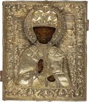 IKONE MIT DEM HEILIGEN NIKOLAUS VON MYRA MIT OKLAD