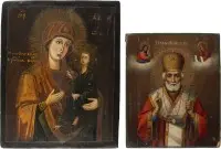 Twee iconen: Moeder Gods van Tichvin (Tichvinskaja) en heilige Nicolaas van Myra