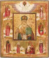 Grootformaat icoon van de heilige Nicolaas omringd door de Moeder Gods en geselecteerde heiligen