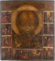 Icoon van de heilige Nicolaas van Myra met tien scènes uit zijn leven