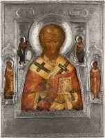 Icoon met Sint-Nicolaas van Myra met zilveren riza