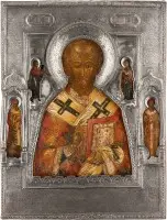 Icoon met Sint-Nicolaas van Myra met zilveren riza