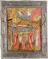 Icône extrêmement rare de la translation des reliques de saint Nicolas de Myre à Bari avec basma
