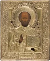 Deux icônes : Vierge Tricheirousa et saint Nicolas de Myre avec oklad