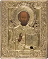 Deux icônes : Vierge Tricheirousa et saint Nicolas de Myre avec oklad