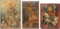 Drie iconen: doop en verrijzenis van Christus en Sint-Joris die de draak doodt