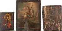 Drie kleine iconen: de Driehandige Moeder Gods, Sint-Joris die de draak doodt en een heilige