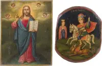 Twee iconen: Sint-Joris die de draak doodt en Christus Pantocrator