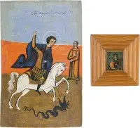 Twee iconen: miniatuuricoon met de Moeder Gods Tricheirousa en Sint-Joris die de draak doodt
