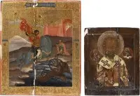 Twee iconen: groot icoon van Sint-Joris die de draak verslaat en Sint-Nicolaas van Myra