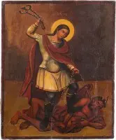 Icoon met Sint-Nikita die de duivel slaat