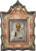 Icône avec saint Serge de Radonège, avec oklad en argent dans une kiot
