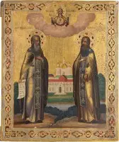 Icône très fine signée et datée avec les saints fondateurs de monastère Zosima et Savatij