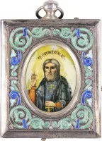 Miniatuur cloisonné-emaille hanger met Sint Serafim van Sarov