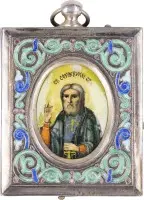 Miniatuur cloisonné-emaille hanger met Sint Serafim van Sarov