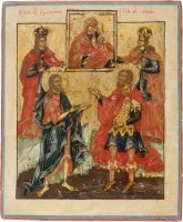 PATRONATSIKONE MIT DER GOTTESMUTTER 'LINDERE MEINEN KUMMER' MIT DEN HEILIGEN KATHARINA, BARBARA, JOHANNES DEM VORLÄUFER UND JOHANNES DEM KRIEGER