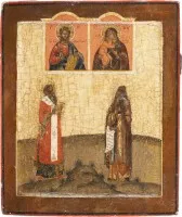 PATRONATSIKONE MIT CHRISTUS PANTOKRATOR, DER GOTTESMUTTER FEODOROWSKAJA UND ZWEI HEILIGEN