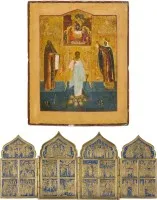 Icône de patronage avec l'ange gardien flanqué des saints Jean de Damas et Barbe et de la Trinité de l'Ancien Testament et tétraptyque