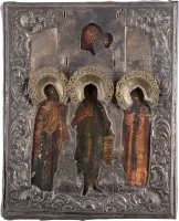 Patronage icon with the Mother of God of Kazan (Kazanskaya) with Saints Nicholas of Myra, John the Forerunner and Saint Paraskeva with oklad