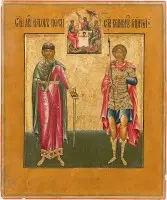 Fijne patronaaticoon met de heiligen Jacobus van Perzië en Georgius