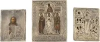 DREI KLEINFORMATIGE IKONEN MIT SILBER-OKLAD: PATRONATSIKONE, CHRISTUS PANTOKRATOR UND DIE GOTTESMUTTER 'FREUDE ALLER LEIDENDEN'