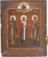 Patronaatsicoon met de heiligen Sergius van Radonezh, Nicolaas van Myra en Tryphon