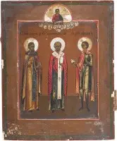Patronaatsicoon met de heiligen Sergius van Radonezh, Nicolaas van Myra en Tryphon