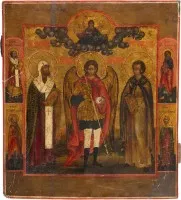 Grote icoon met aartsengel Michaël geflankeerd door de heiligen Antipas en Stefanus