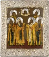 Icône de patronage avec six saints choisis, dont Zosime et Savvati, Alexis et Antipas avec basma en vermeil