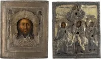 Twee iconen met oklad: Mandylion en patronaaticon met drie geselecteerde heiligen