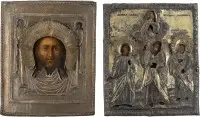 Twee iconen met oklad: Mandylion en patronaaticon met drie geselecteerde heiligen