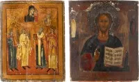Twee iconen: Christus Pantocrator en patroonicoon met zes heiligen