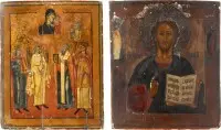Twee iconen: Christus Pantocrator en patroonicoon met zes heiligen